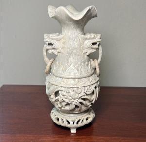Antique Chinese Soapstone Vase with Foo Dogs