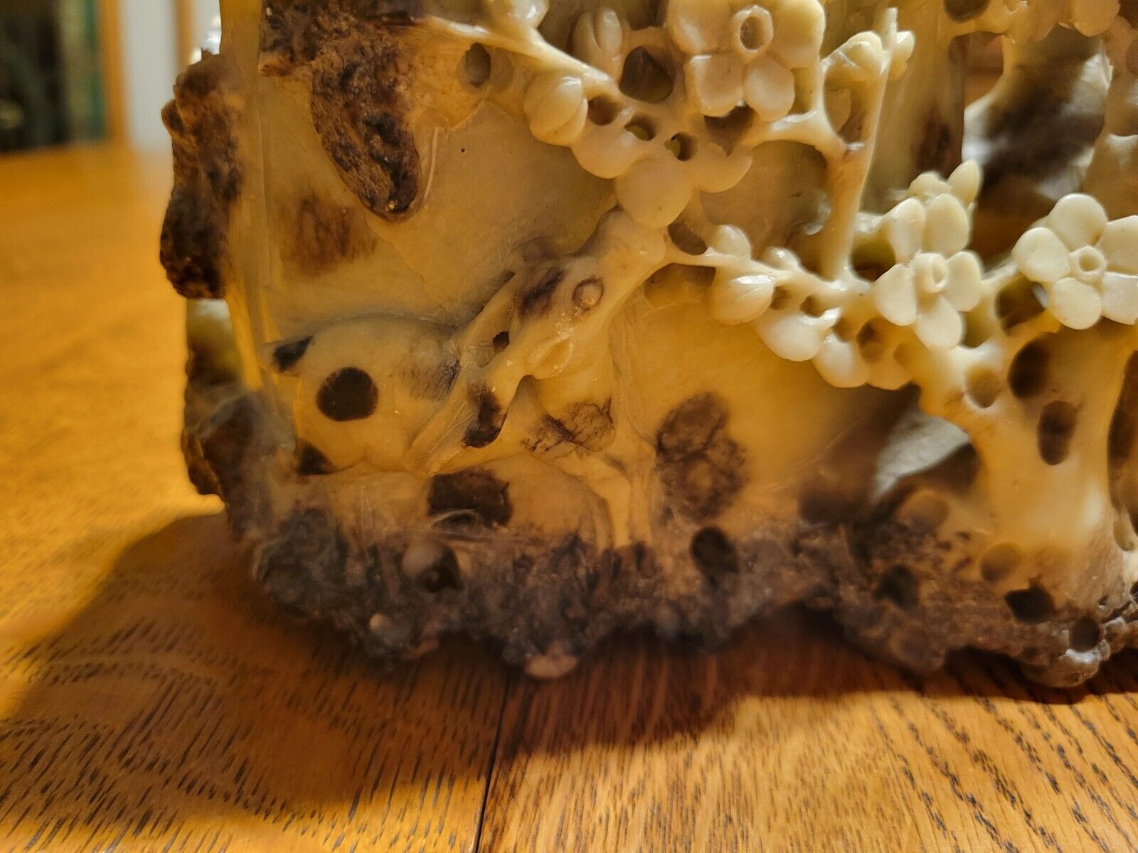Chinese Soapstone Carving: Vase, Flowers, Deer Sculpture