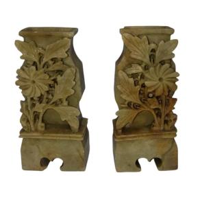 Pair of Hand-Carved Chinese Soapstone Flower Vases