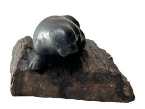 Inuit Soapstone Seal Carving on Wood Base