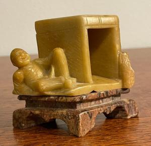 Chinese Soapstone Scholar with Hut Figure 3.25”