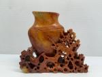 Red Soapstone Vase with Vintage Chinese Carving