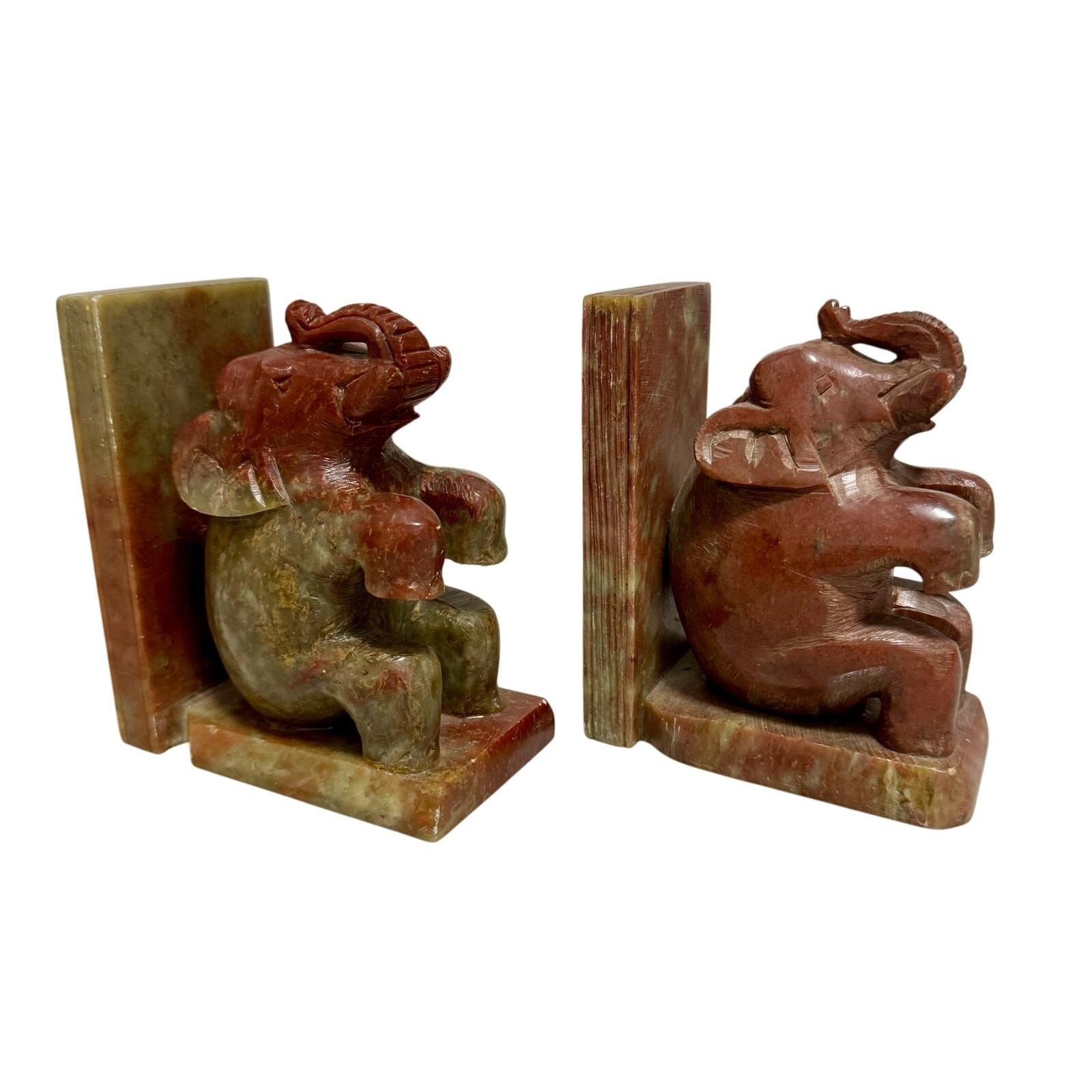 Hand-Carved Vintage Elephant Soapstone Bookends Pair