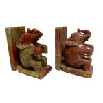 Hand-Carved Vintage Elephant Soapstone Bookends Pair