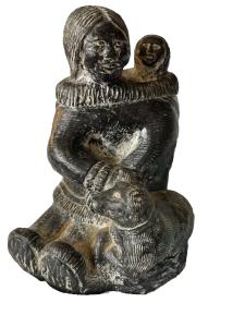 Inuit Woman with Baby and Dog Soapstone Carving