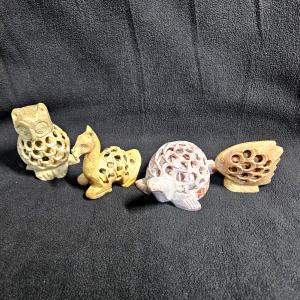 Set of 4 Soapstone Carvings: Elephant, Owl, Turtle, Fish