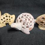 Set of 4 Soapstone Carvings: Elephant, Owl, Turtle, Fish