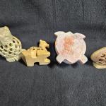 Set of 4 Soapstone Carvings: Elephant, Owl, Turtle, Fish