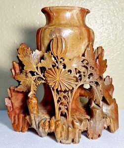 Chinese Soapstone Flower and Leaf Vase 6.25