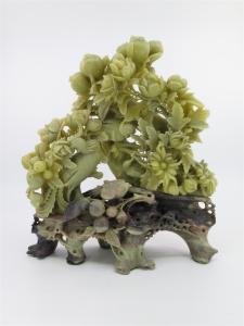 Ornate Chinese Soapstone Carving of Birds and Flowers