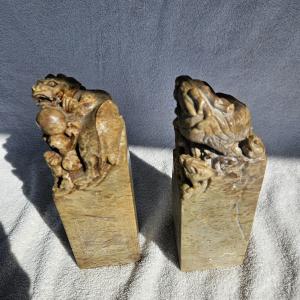 Antique Chinese Hand Carved Soapstone Dragon Pair