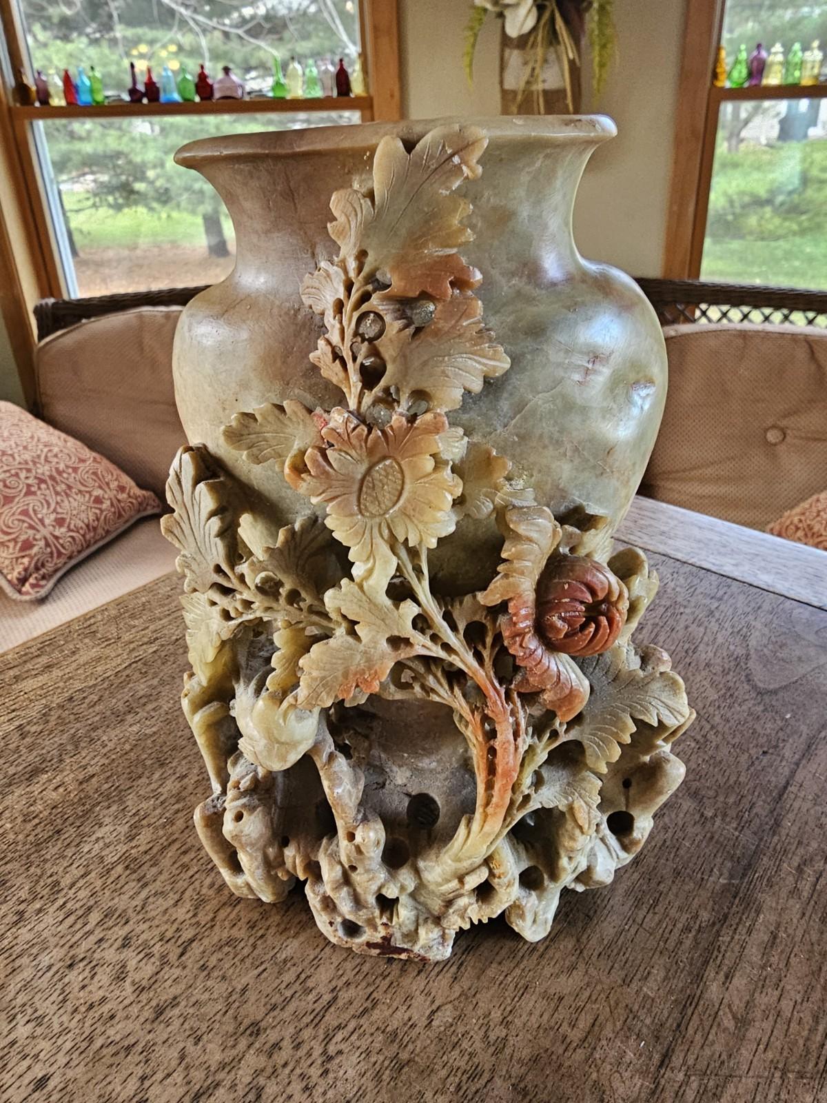 Chinese Soapstone Vase with Bird and Flower Design