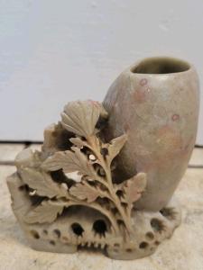 Chinese Soapstone Carved Vase with Leaf Design