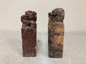 Chinese Foo Dog Soapstone Carving Pillar Statue