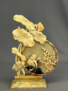 Hand-Carved Vintage Chinese Soapstone Lotus Bird Sculpture