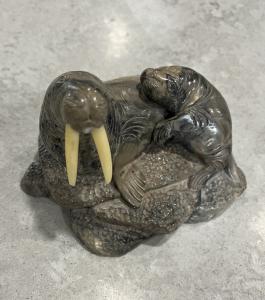 Inuit Soapstone Walrus and Pup Sculpture