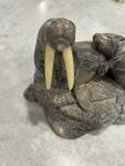 Inuit Soapstone Walrus and Pup Sculpture