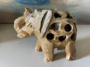 Hand-Carved Soapstone Elephant Mother and Calf Figure