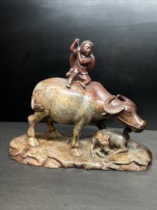 Rare Chinese Soapstone Carving: Water Buffalo Girl