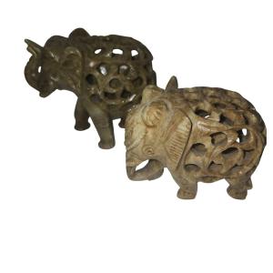 Set of 2 Vintage Soapstone Elephants with Lattice Design