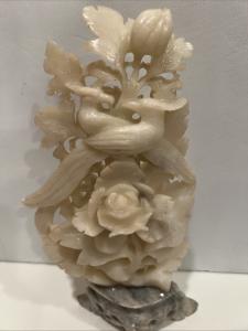 Vintage Soapstone Bird and Lotus Flower Sculpture