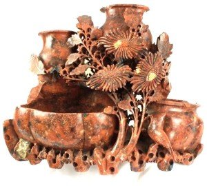 Hand Carved Chinese Soapstone Vase with Birds and Flowers