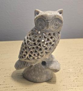Owl Soapstone Carving with Baby Owl Figurine