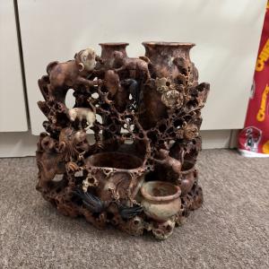 Detailed Vintage Carved Soapstone Vase Set