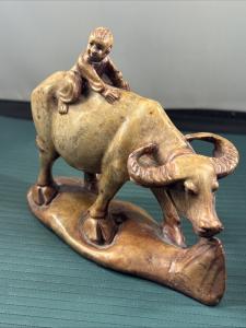 Qing Boy Water Buffalo Soapstone Carving Statue