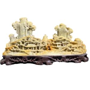 Vintage Hand-Carved Soapstone Landscape Scene