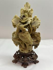 Chinese Soapstone Flower Bird Sculpture on Pedestal
