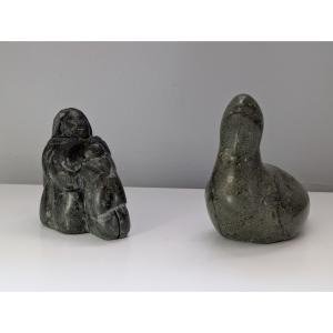 Set of 2 Inuit Soapstone Carvings: Seal & Family