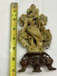 Chinese Soapstone Flower Bird Sculpture on Pedestal