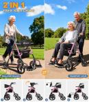 Flyingjoy 2-in-1 Rollator Walker for Seniors with Seat, Heavy Duty Transport Chair Combo 300 lbs Capacity, All-Terrain Lightweight Foldable Wheelchair, Anti-Tip Brakes, Adjustable Height 33.5"-40"