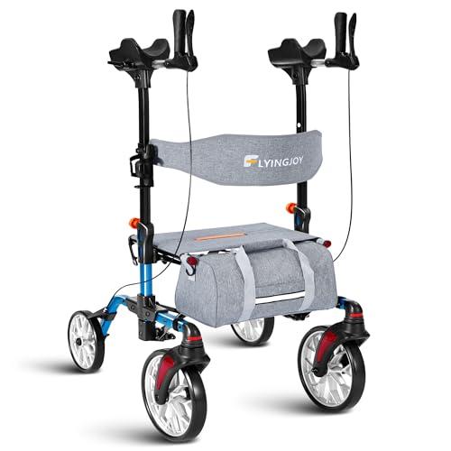 Lightweight Upright Rollator Walker All-Terrain Ultra Compact One-Click Folding with seat and Adjustable Height backrest, 300 lbs Capacity, 8" Wheels for Seniors, Adults, Includes Cane Holders