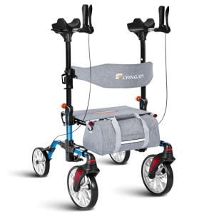 Lightweight Upright Rollator Walker All-Terrain Ultra Compact One-Click Folding with seat and Adjustable Height backrest, 300 lbs Capacity, 8" Wheels for Seniors, Adults, Includes Cane Holders
