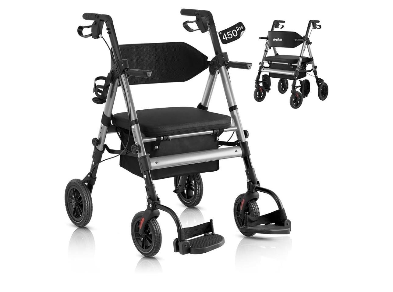 2025 StrollAid 2 In 1 Rollator Walker Transport Chair Heavy Duty 450 Lbs-Black