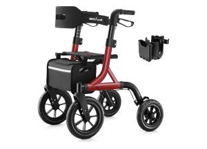 MAXWALK Foldable Rollator Walker Seat 12" Rubber Wheels All Terrain Senior RED