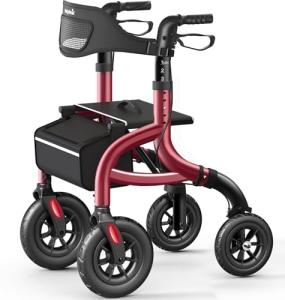 HolyHeal Walkers for Seniors, Rollator Walker with Seat and Backrest, 10" Big Wheels All Terrain, Rolling Walker Foldable Supports 350lb, Lightweight & Height Adjustable, Cane & Cup Holder, Burgundy