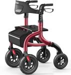 HolyHeal Walkers for Seniors, Rollator Walker with Seat and Backrest, 10" Big Wheels All Terrain, Rolling Walker Foldable Supports 350lb, Lightweight & Height Adjustable, Cane & Cup Holder, Burgundy