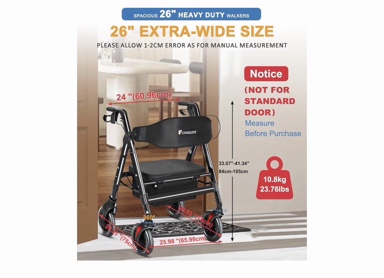 Rollator Walker with Seat,450Lb Rolling Walker, Extra-Wide Heavy-Duty Rollator