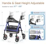 Rollator Walkers with Seat for Seniors, Foldable 8" Big Wheels All Terrain Rolling Walker, Handles and Ergonomic Seat Height Adjustable, 350 lb
