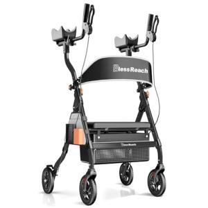 BlessReach Heavy Duty Upright Rollator Walker for Seniors with Seat, 450lb Capacity, 8" All-Terrain Wheels, 6 Height Adjustments, Padded Seat & Backrest, Easy Assembly, Foldable Design, Black