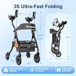 BlessReach Heavy Duty Upright Rollator Walker for Seniors with Seat, 450lb Capacity, 8" All-Terrain Wheels, 6 Height Adjustments, Padded Seat & Backrest, Easy Assembly, Foldable Design, Black