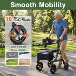 RollisRoll Walkers for Seniors with Seat, Foldable Rollator Walker, Reinforced Aluminum Frame, 10" Big Rubber Wheels for All Terrain, Built-in Cable, Lightweight Rolling Walker, Gray