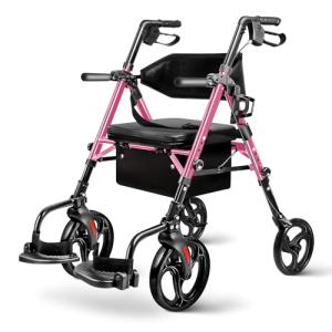 Flyingjoy 2-in-1 Rollator Walker for Seniors with Seat, Heavy Duty Transport Chair Combo 300 lbs Capacity, All-Terrain Lightweight Foldable Wheelchair, Anti-Tip Brakes, Adjustable Height 33.5"-40"