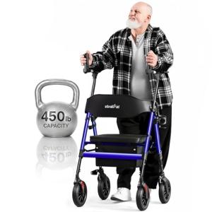 StrollAid Upright Walkers for Seniors, Stand Up Rollator Walker with Padded Seat and Backrest, Heavy Duty Forearm Rollator with Support Handrail, Holds up to 450 pounds, Compact Folding, Blue