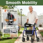 RollisRoll Walkers for Seniors Taller 5.3~7ft, Lightweight Foldable Rollator Walker, Built in Cable, Reinforced Aluminum Frame, 8" Big Rubber Wheels for All Terrain, 350lb Weight Capacity, Blue