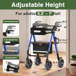 RollisRoll Walkers for Seniors Taller 5.3~7ft, Lightweight Foldable Rollator Walker, Built in Cable, Reinforced Aluminum Frame, 8" Big Rubber Wheels for All Terrain, 350lb Weight Capacity, Blue