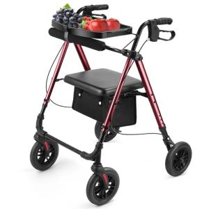 Ambliss Walkers for Seniors with Seat, Foldable Rollator Walker, 300 lbs Weight Capacity, 8" Wheels Dual Height Ajustable, Rolling Walker with Tray for All-Terrain (Red)